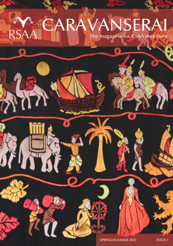 Image of a hanging illustrating the Silk Road, embroidered with ships, carts, elephants, spinning, rolls of fabric and Chinese, Indian and European figures